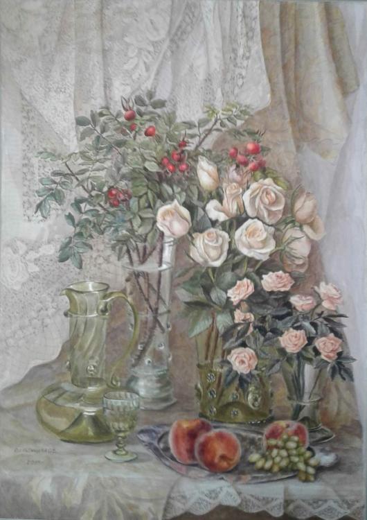 Картина "Розы и персики с зеленым стеклом"