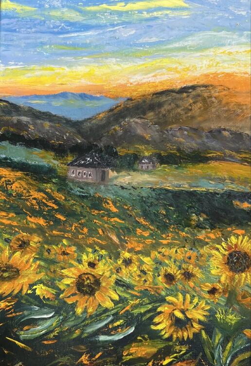 Картина «Горный пейзаж с подсолнухами»